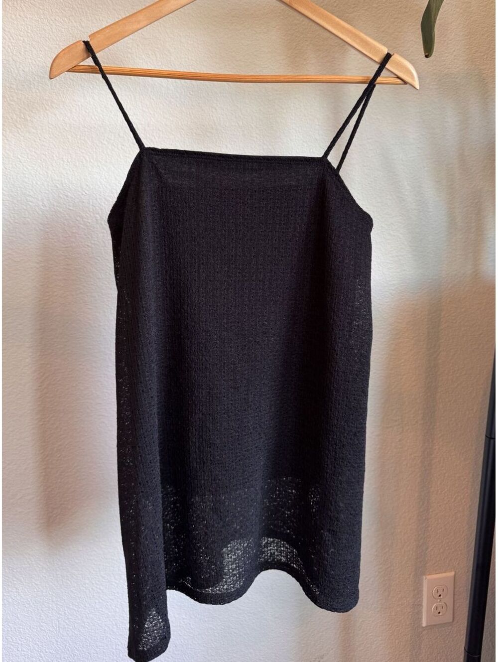 Valette Black Textured Slip Mini Dress Medium Spaghetti Strap Square Neck Sheer
